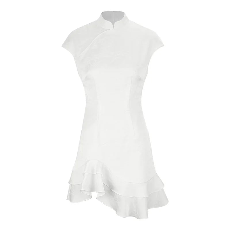 Tossy Fashion Ruffled Elegant Party Dress Women Short Sleeve Patchwork Slim Printed High Waist Dress Summer Female Mini Dress