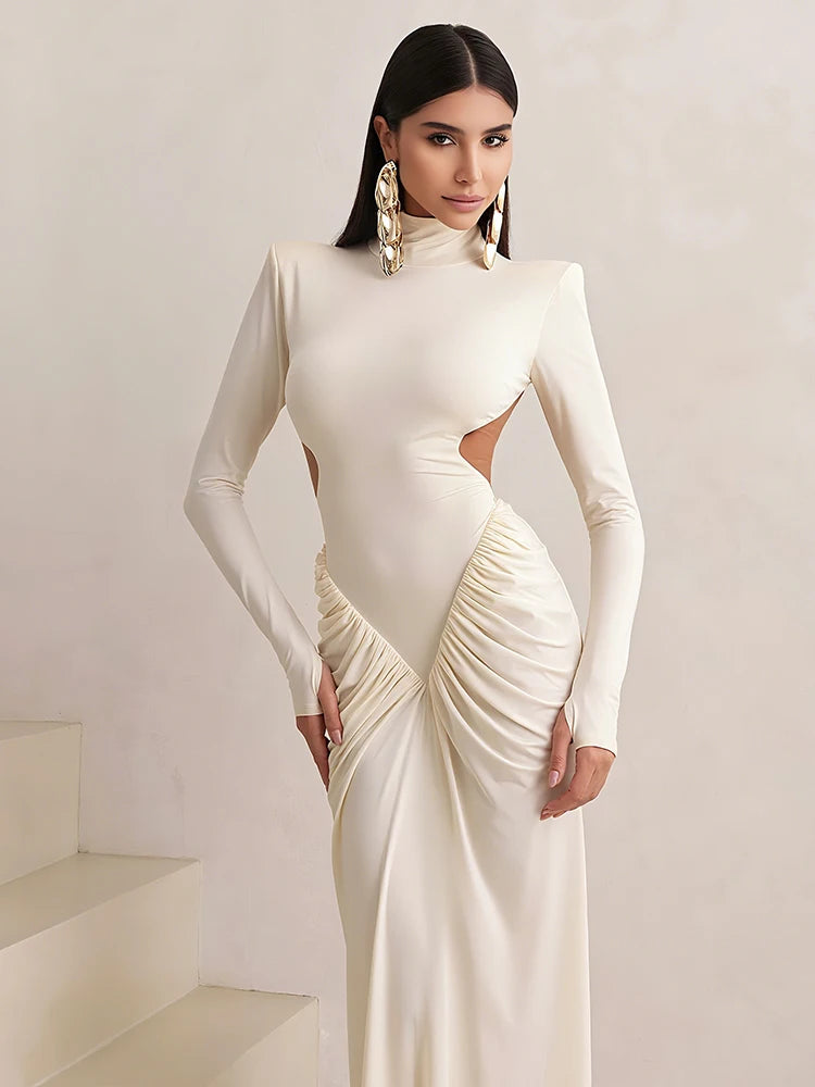 Weird Puss Backless Maxi Dress Women Long Sleeve Shoulder Pads Waistless Peach Buttocks Ruched Elegant Banquet Skinny Vestidos