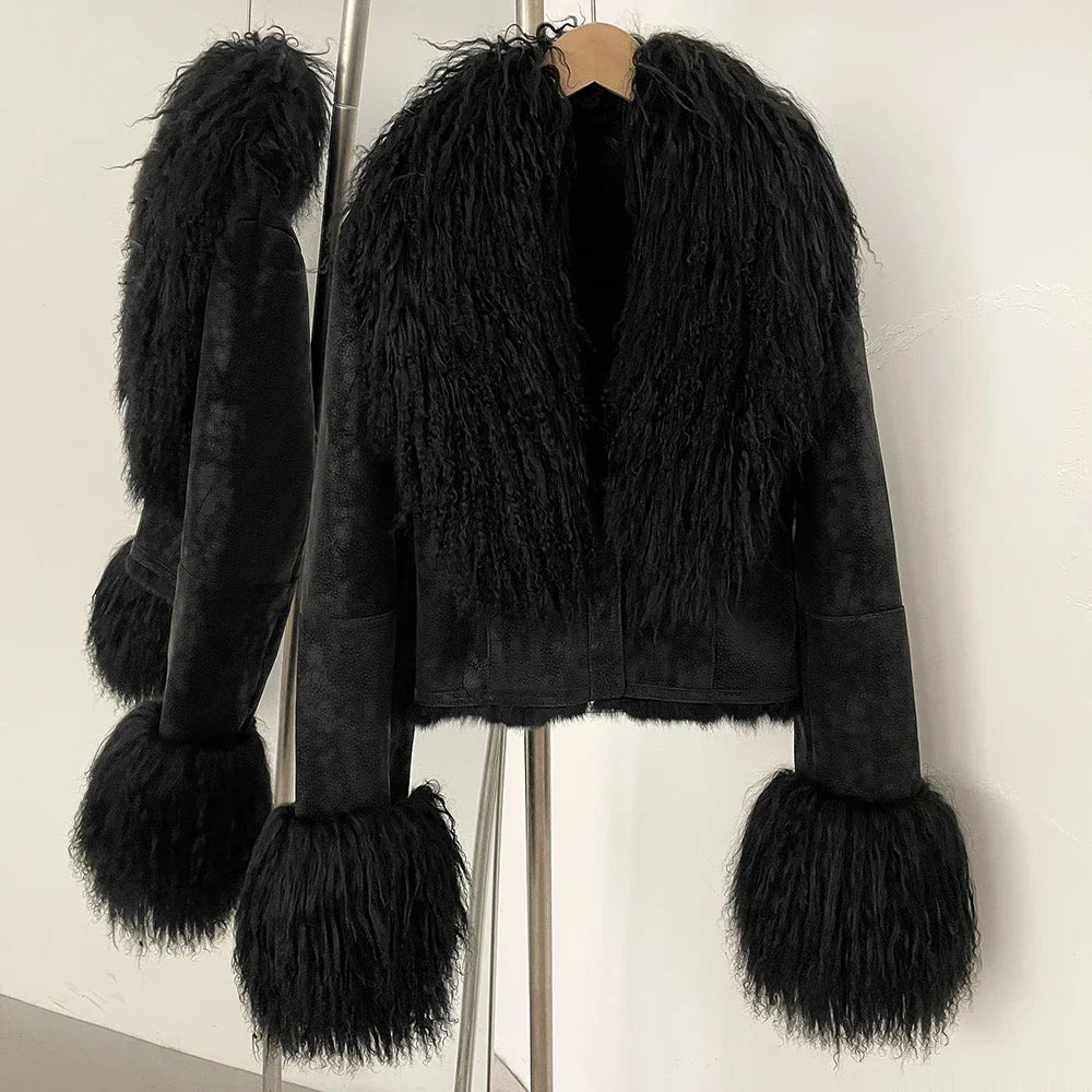Real Mongolian Sheep Fur Coat 2025 Autumn Winter Suede Women with Long Sleeve New Arrival Winter Rabbit Fur Lining Fur Jacket