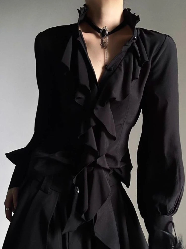 Deeptown White Ruffles Elegant Vintage Women Blouses Black Y2k Victorian Gothic Long Sleeve Stand Collar Shirts Loose Preppy