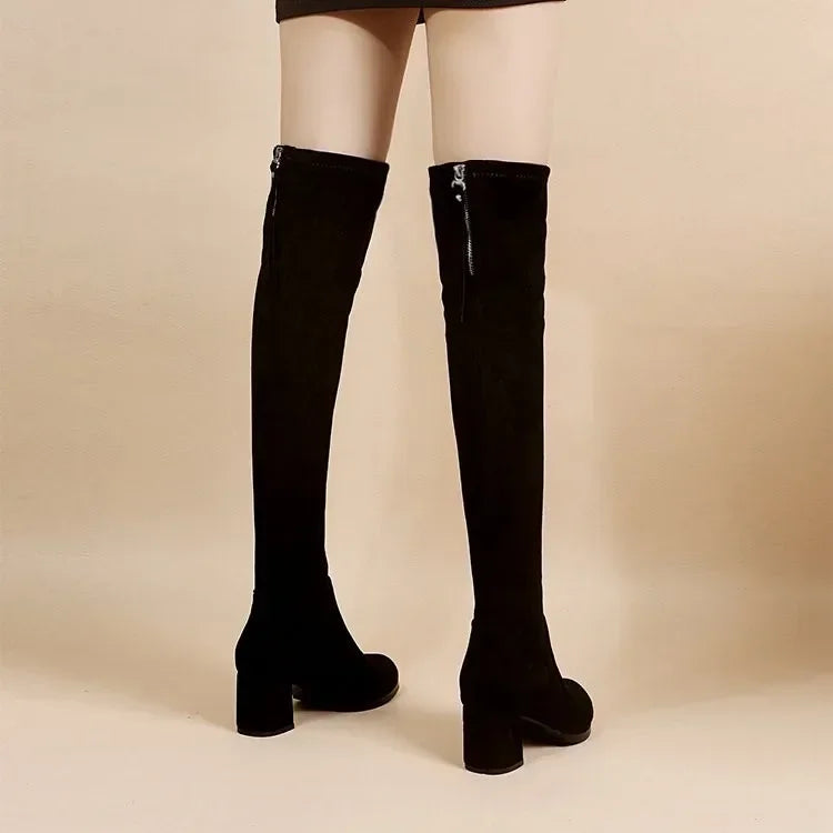 Faux Suede Female Heels Autumn Zipper Elastic Knee-high Boots for Women Tube Lace-up Thigh Gigh Boots Black Botas Mujer