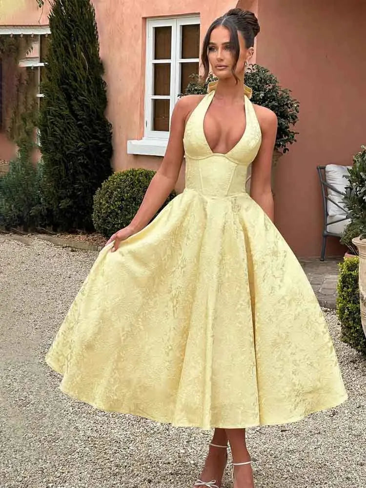 Elegant Pink Halter Jacquard Bow Long Dress Women's Corset Backless High Waist Yellow Dresses Summer Evening Party Wedding Guest