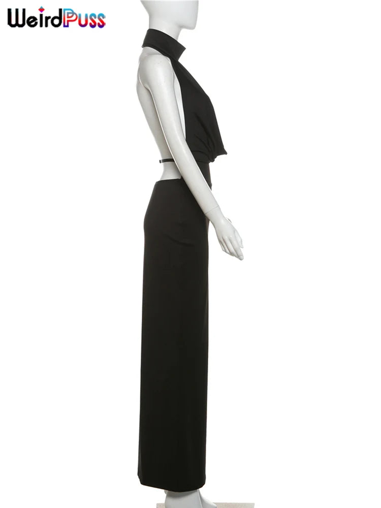 Weird Puss Hollow Halter Dress Women Low-Neck Backless Sexy Sleeveless Slits Robe Trend Midnight Banquet Coquettish Long Bodycon