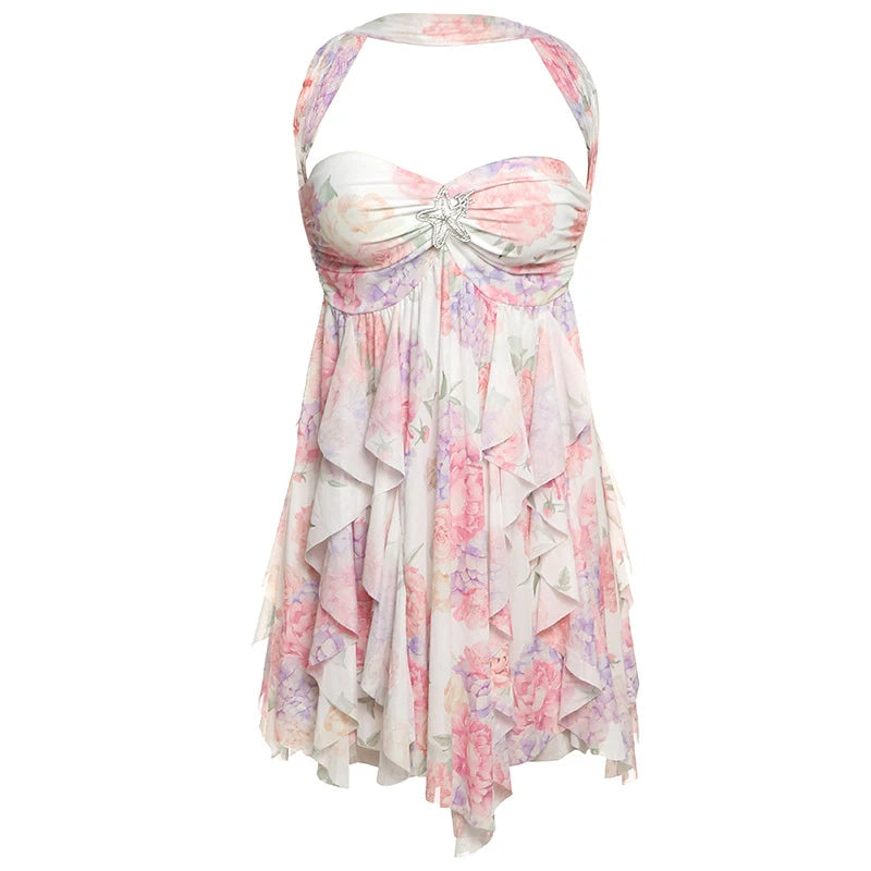 Floral Printd Lace Patchwork Sling Mini Dress Women Elegant Backless Sleeveless A Line Vestidos Chic Lady Holiday Street Wear