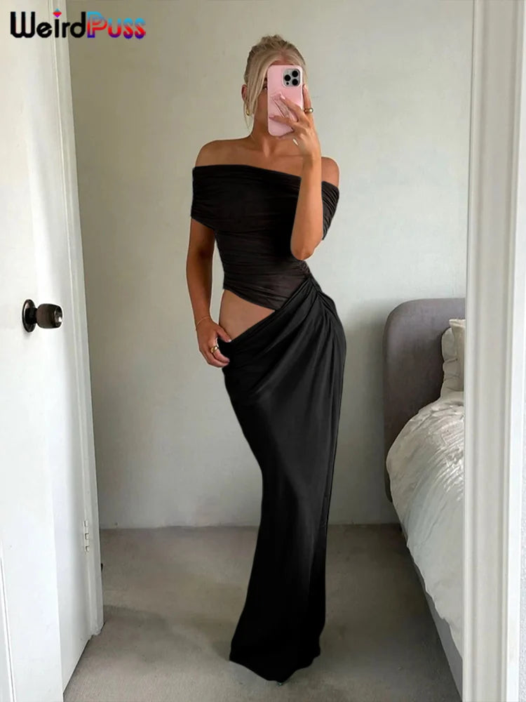 Weird Puss Ruched Irregular Dress Women Mesh Patchwork Slash Neck Short Sleeve Skinny Stretch Trend Elegant Long Bodycon Outfits