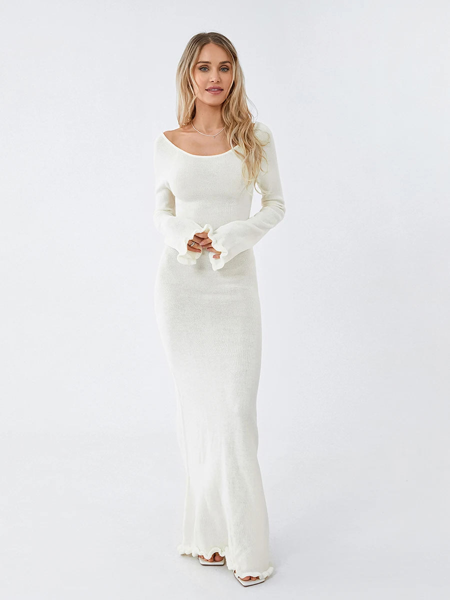 Women Long Sleeve Tie Backless Round Neck Ruffle Trim Long Dress Autumn Winter Knit Solid Color Bodycon Dress Beige/Grey/White