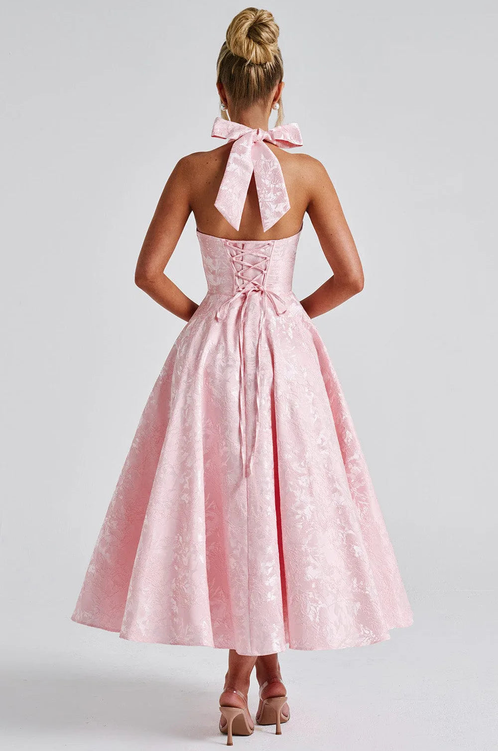 Elegant Pink Halter Jacquard Bow Long Dress Women's Corset Backless High Waist Yellow Dresses Summer Evening Party Wedding Guest