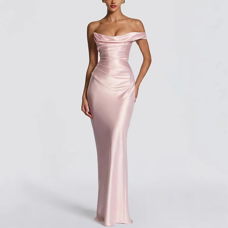 One Shoulder Satin Women 's Maxi Dress Cowl Neck Ruched Waist Bodycon Dresses 2026 Summer Woman Formal Evening Party Vestidos