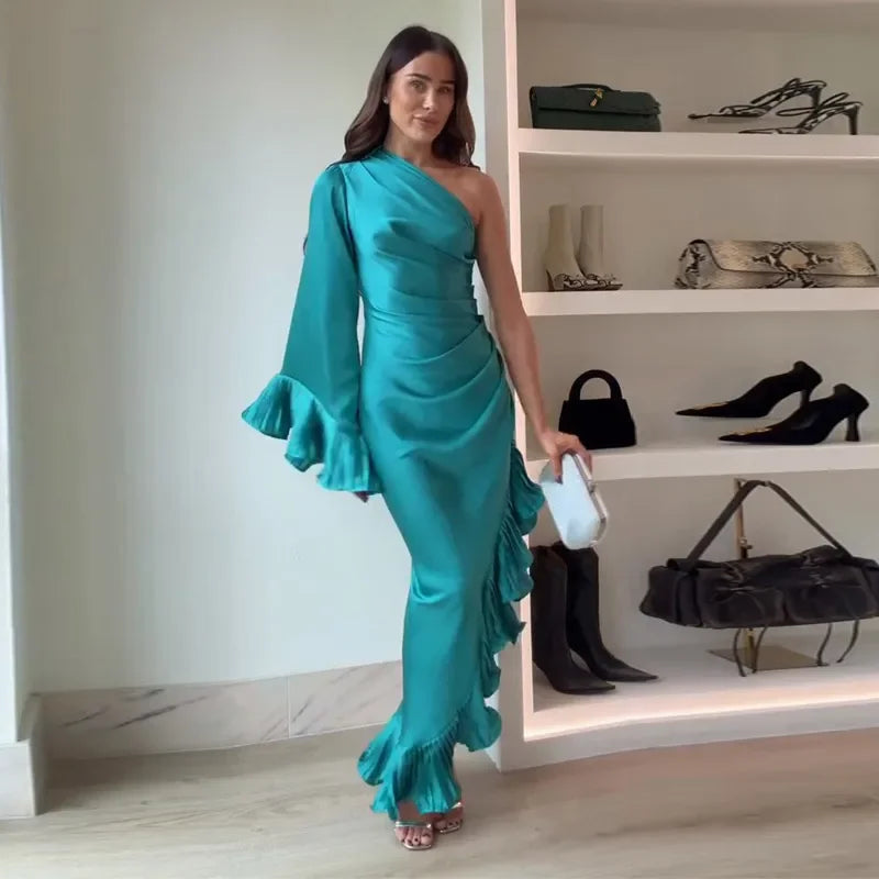 Blue Stain Evening Dresses for Women One Shoulder Long Sleeve Asymmetrical Ruffle Slim Long Dresses 2026 Spring New Party Gown