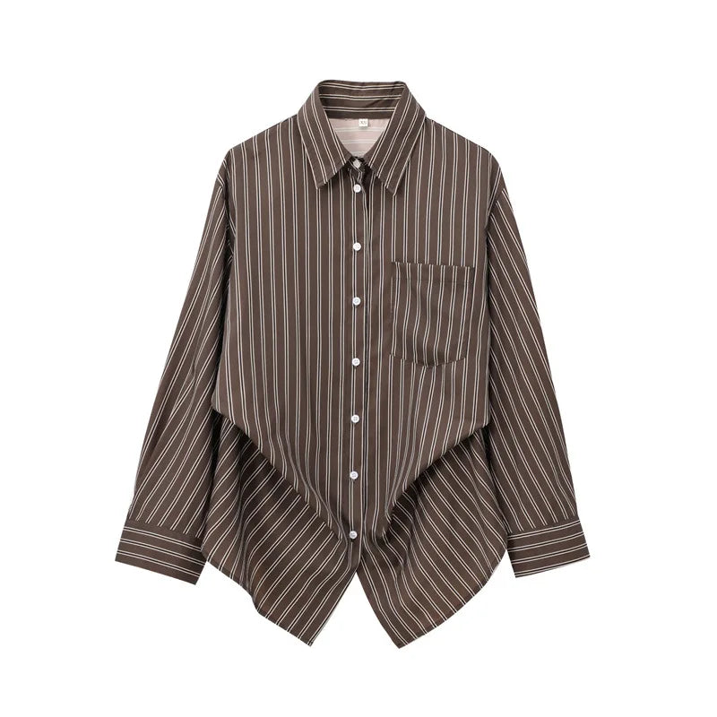 Autumn Blouses Woman Trendy Solid Stripe Turn-Down Collar Long Sleeve Buttons Single Breasted Female Street Shirts