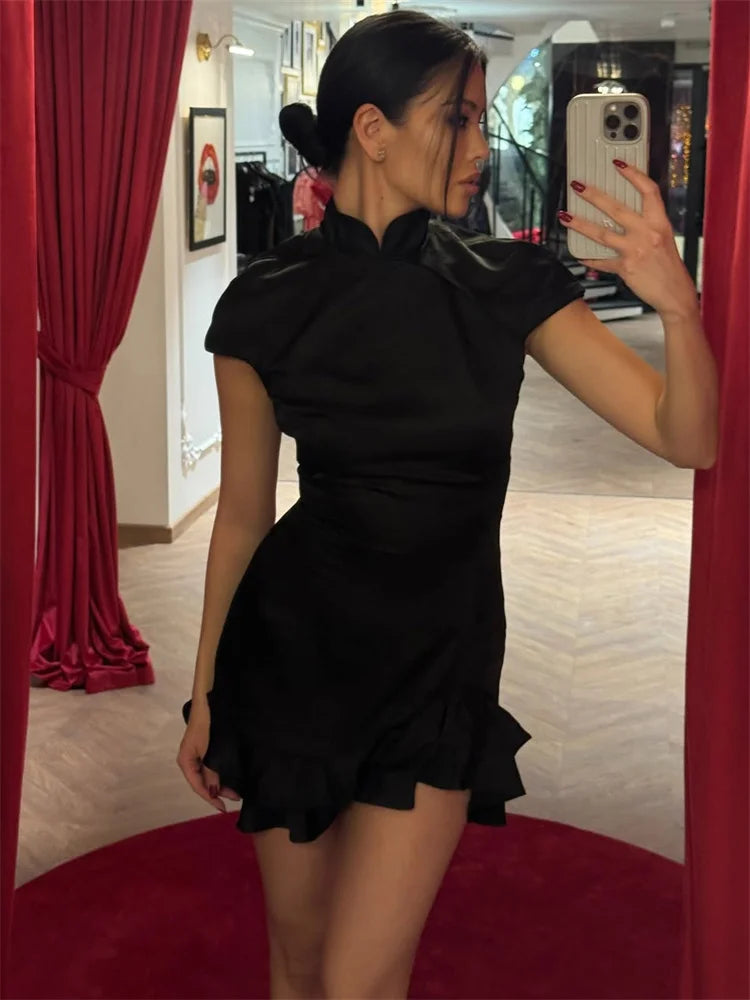 Tossy Fashion Ruffled Elegant Party Dress Women Short Sleeve Patchwork Slim Printed High Waist Dress Summer Female Mini Dress
