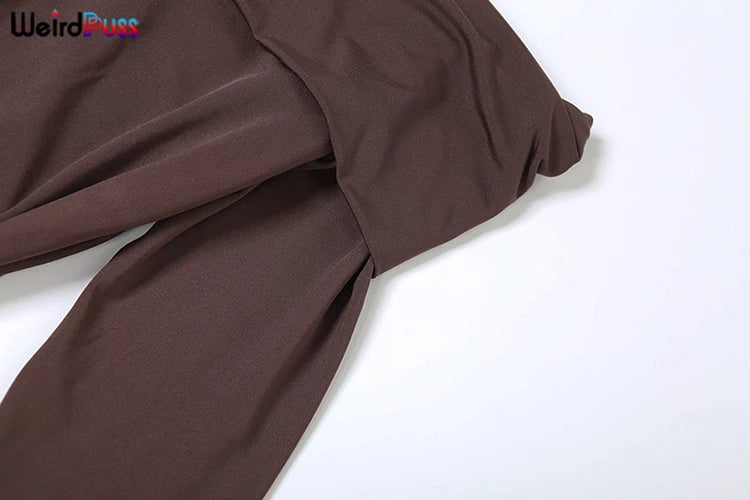 Weird Puss Elegant Party Dress Ruched Metal Buckle Ribbon Slash Neck Full Sleeve Skinny Stretch Birthday Party Slim Long Bodycon