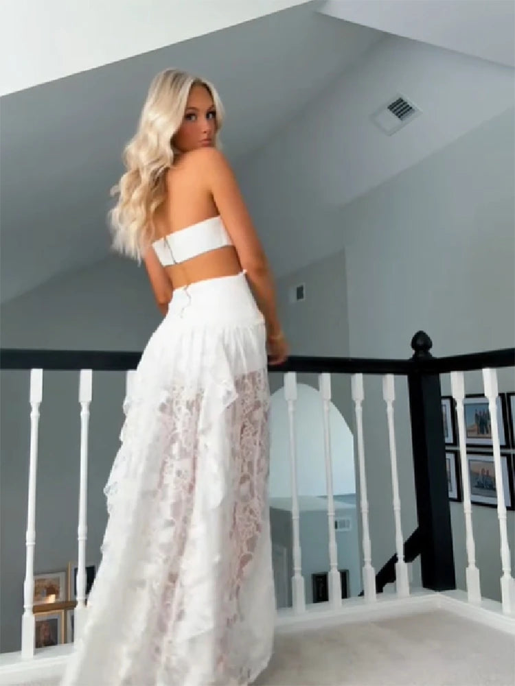 Sexy Lace Patchwork Dress Women Hollow Out Sleeveless Party Club Long Skirt See Through Halter Evening Gown Vacation Lady Robes