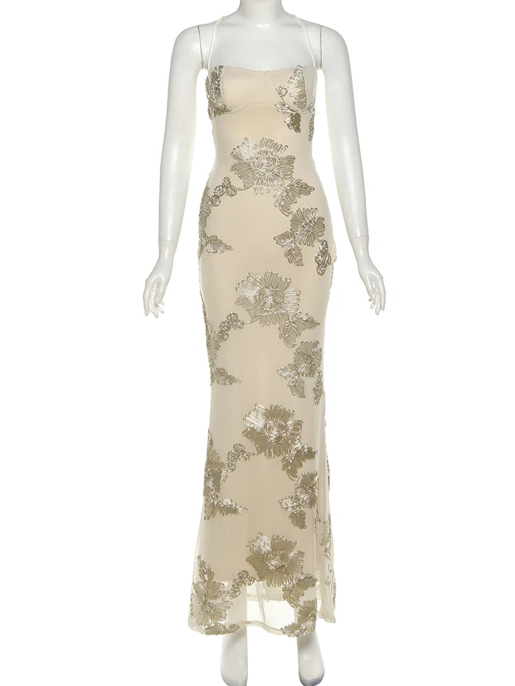 Weird Puss Flower Embroidery Maxi Dress Women Low-Neck Cross Bandage Backless Summer Street New Trend Skinny Elegant Vestidos