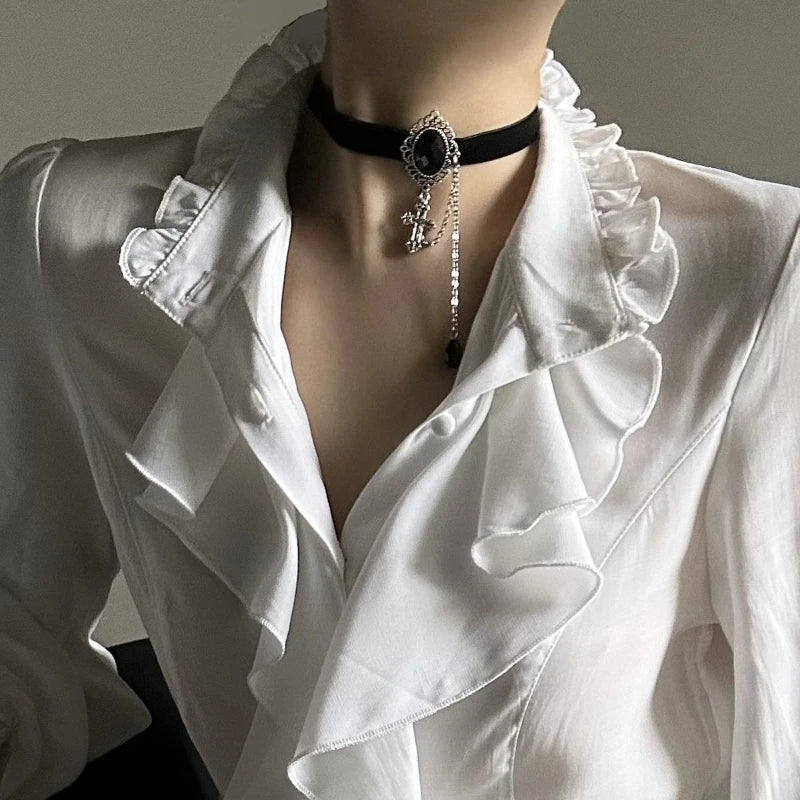 Deeptown White Ruffles Elegant Vintage Women Blouses Black Y2k Victorian Gothic Long Sleeve Stand Collar Shirts Loose Preppy