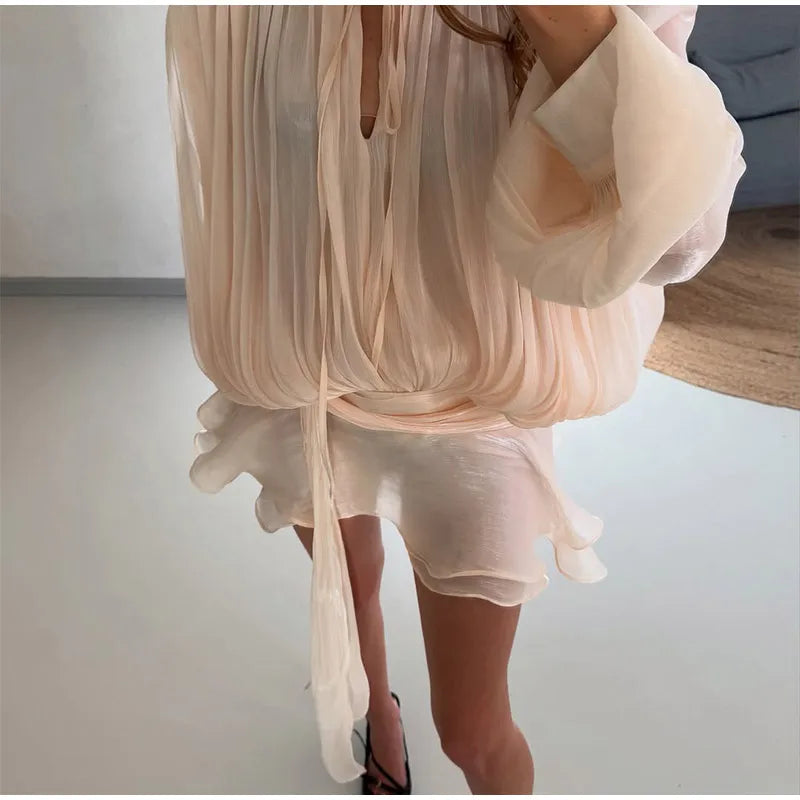 Chic V Neck Printed Flare Sleeve Mini Dress Elegant Pleated Hollow Out A-line Gown 2026 New Female Holiday Dinner Party Vestido
