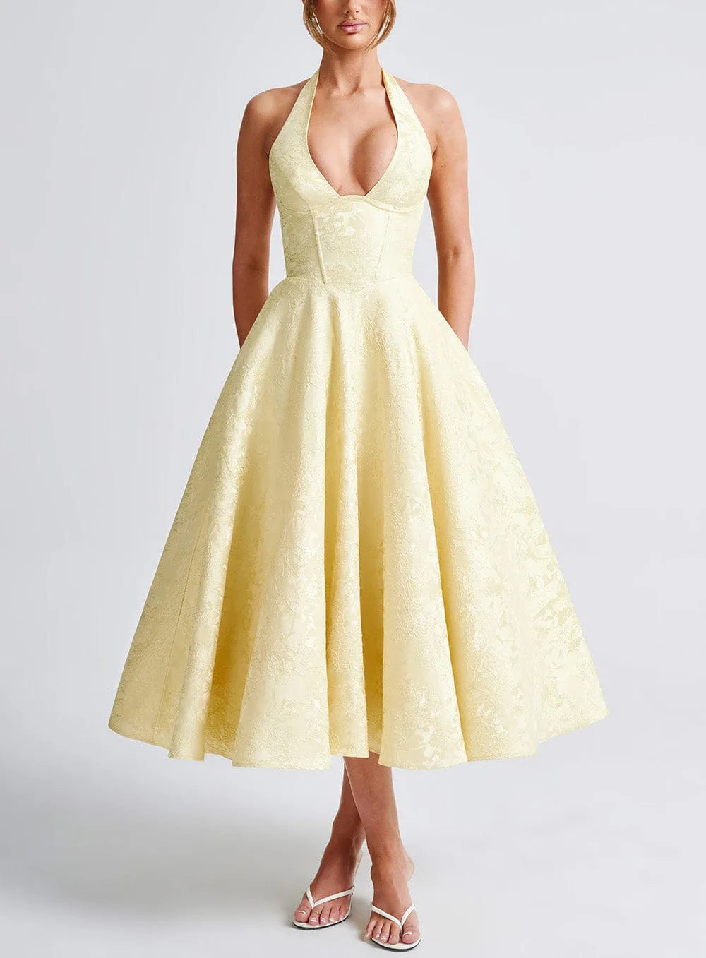 Elegant Pink Halter Jacquard Bow Long Dress Women's Corset Backless High Waist Yellow Dresses Summer Evening Party Wedding Guest