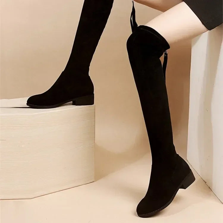 Faux Suede Female Heels Autumn Zipper Elastic Knee-high Boots for Women Tube Lace-up Thigh Gigh Boots Black Botas Mujer