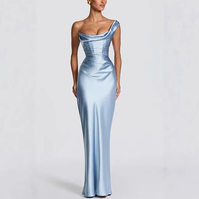 One Shoulder Satin Women 's Maxi Dress Cowl Neck Ruched Waist Bodycon Dresses 2026 Summer Woman Formal Evening Party Vestidos