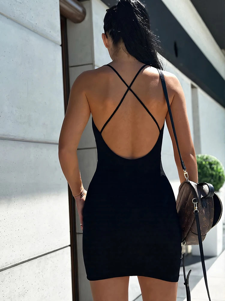 kliou Diamonds Splice Women Summer Dress Fashion New Suspendency Cross Backless U-neck Slim Mini Vestidos Female Vacation Frock
