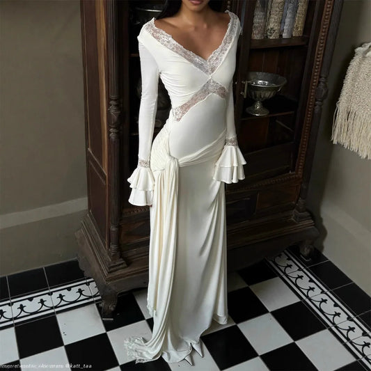 Slim Draped Ruched Hollow Out Maxi Dresses for Women Patchwork Lace V Neck Long Sleeve Long Dress Female Party Club Evening Robe