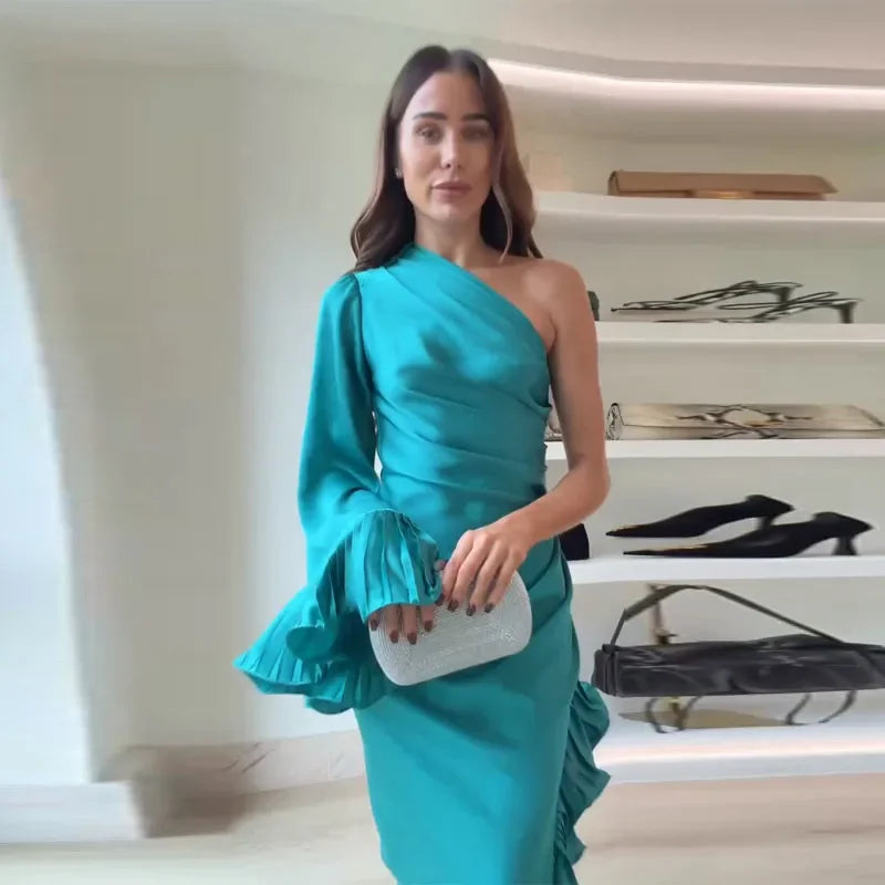 Blue Stain Evening Dresses for Women One Shoulder Long Sleeve Asymmetrical Ruffle Slim Long Dresses 2026 Spring New Party Gown