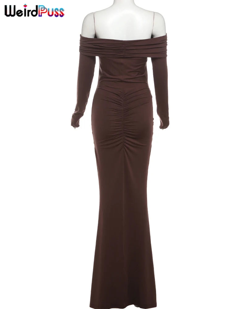 Weird Puss Elegant Party Dress Ruched Metal Buckle Ribbon Slash Neck Full Sleeve Skinny Stretch Birthday Party Slim Long Bodycon