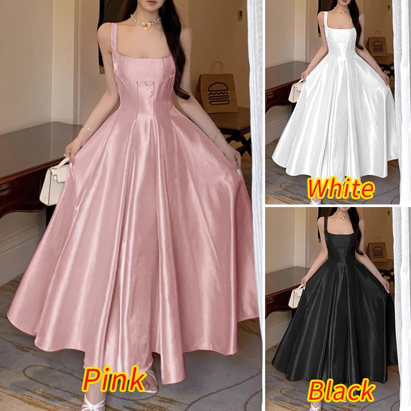 ZANZEA Women's Elegant White Satin Long Dresses Wedding Guest Cocktail Evening Party Dress Square Neck Sleeveless Robes Femme