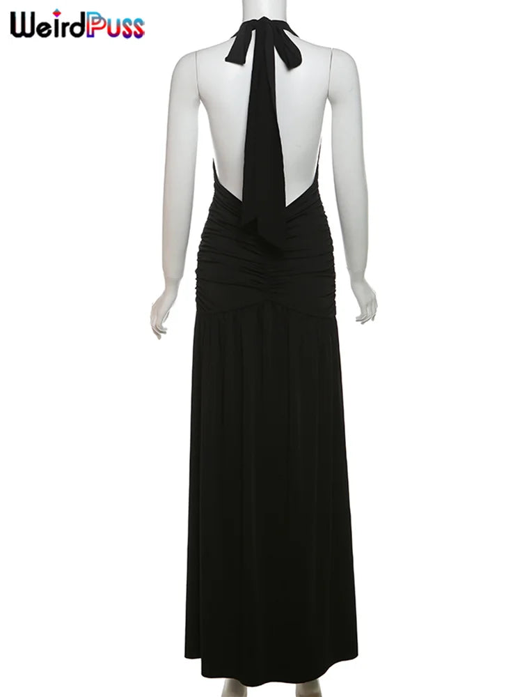 Weird Puss Deep V-Neck Halter Dress Woman Summer  Ruffles Splits Backless Elegant Patchwork Solid Party Coquette Sexy Vestidos