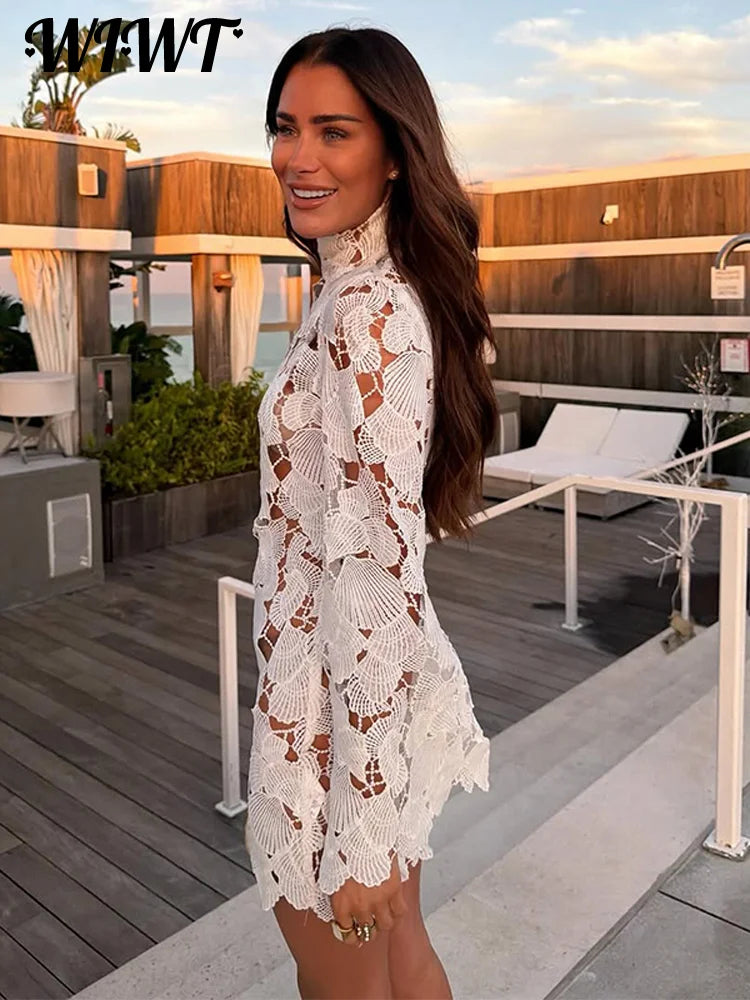 White Crochet Hollow-out Mini Dresses Women's Sexy IrregulaR Hem Stand Collar Full Sleeve Dress 2026 Spring New Lady Party Gowns