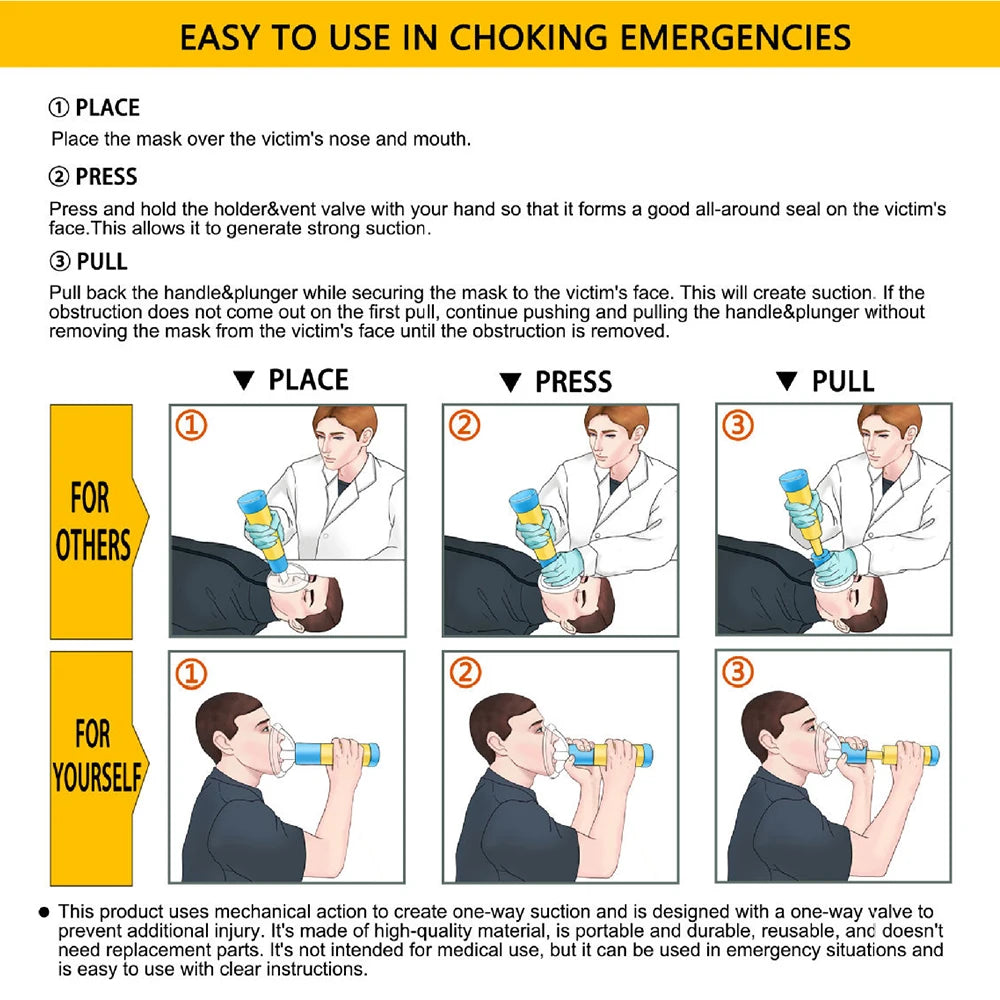 Portable Anti Choking Device Life Saving Suction Vac Anti Asphyxia CPR Training Mask First Aid Kit Adults & Children Home Rescue