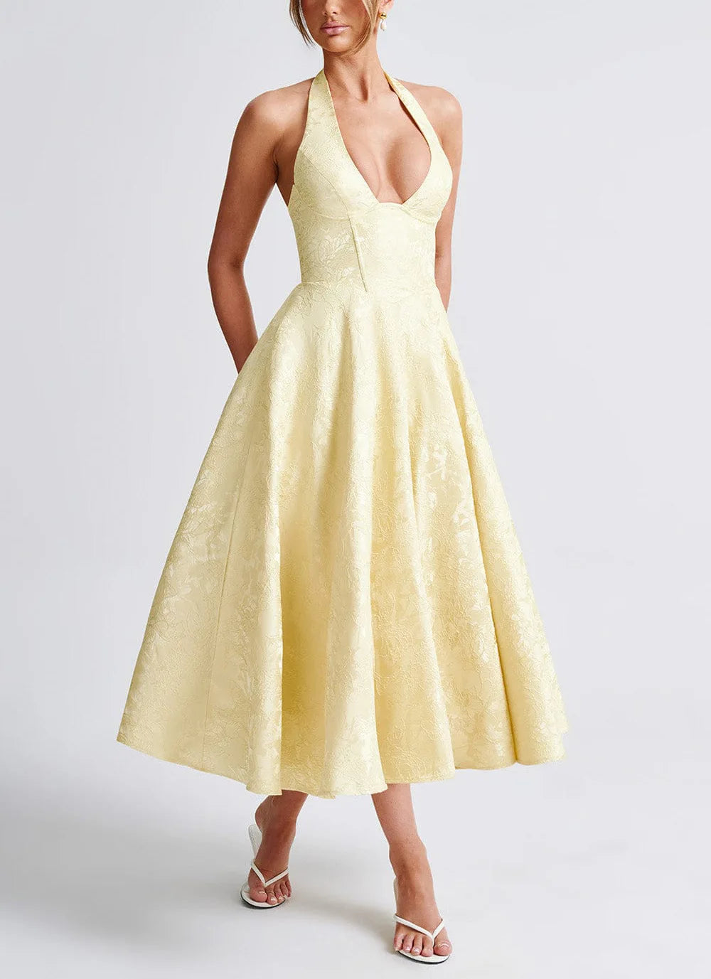 Elegant Pink Halter Jacquard Bow Long Dress Women's Corset Backless High Waist Yellow Dresses Summer Evening Party Wedding Guest