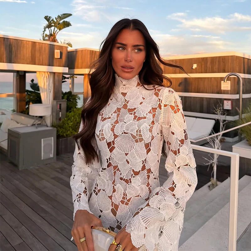 White Crochet Hollow-out Mini Dresses Women's Sexy IrregulaR Hem Stand Collar Full Sleeve Dress 2026 Spring New Lady Party Gowns
