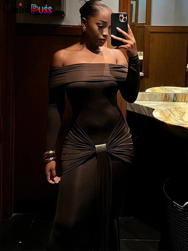 Weird Puss Elegant Party Dress Ruched Metal Buckle Ribbon Slash Neck Full Sleeve Skinny Stretch Birthday Party Slim Long Bodycon