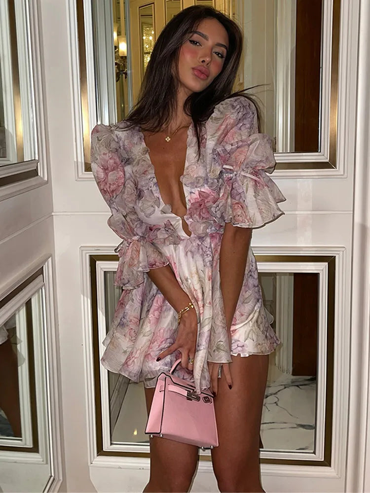 Floral Printd Lace Patchwork Sling Mini Dress Women Elegant Backless Sleeveless A Line Vestidos Chic Lady Holiday Street Wear