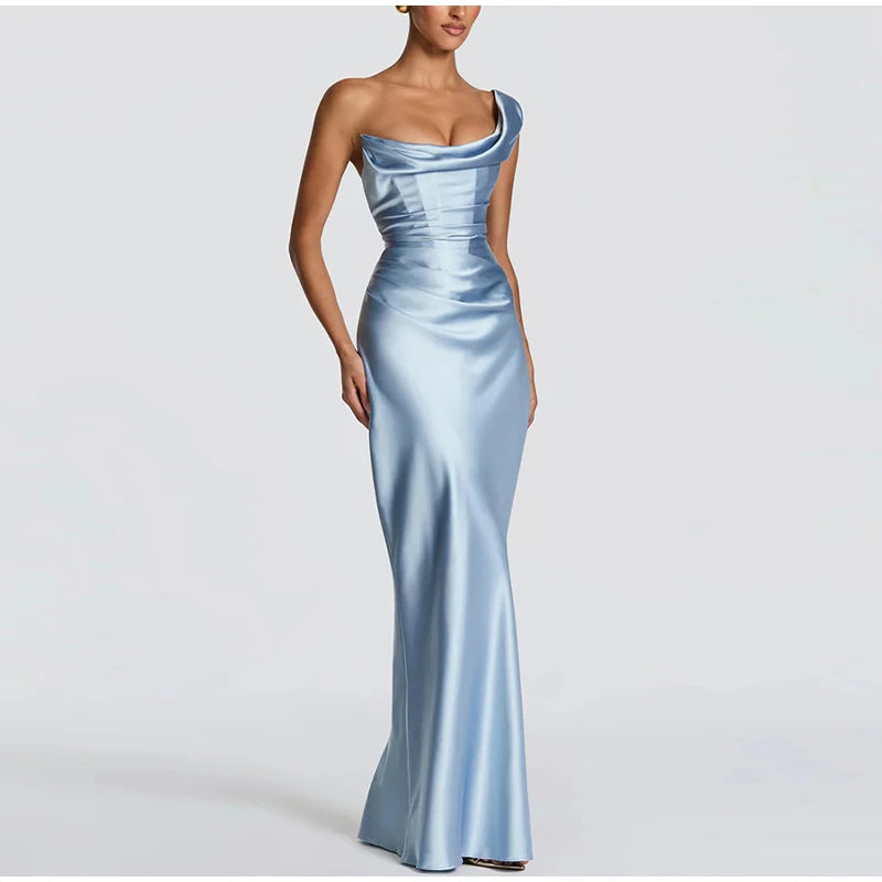 One Shoulder Satin Women 's Maxi Dress Cowl Neck Ruched Waist Bodycon Dresses 2026 Summer Woman Formal Evening Party Vestidos
