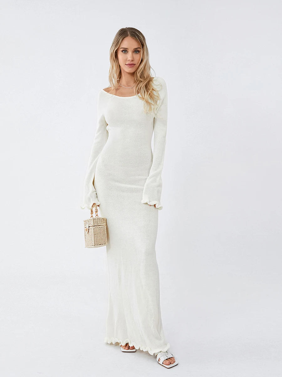 Women Long Sleeve Tie Backless Round Neck Ruffle Trim Long Dress Autumn Winter Knit Solid Color Bodycon Dress Beige/Grey/White