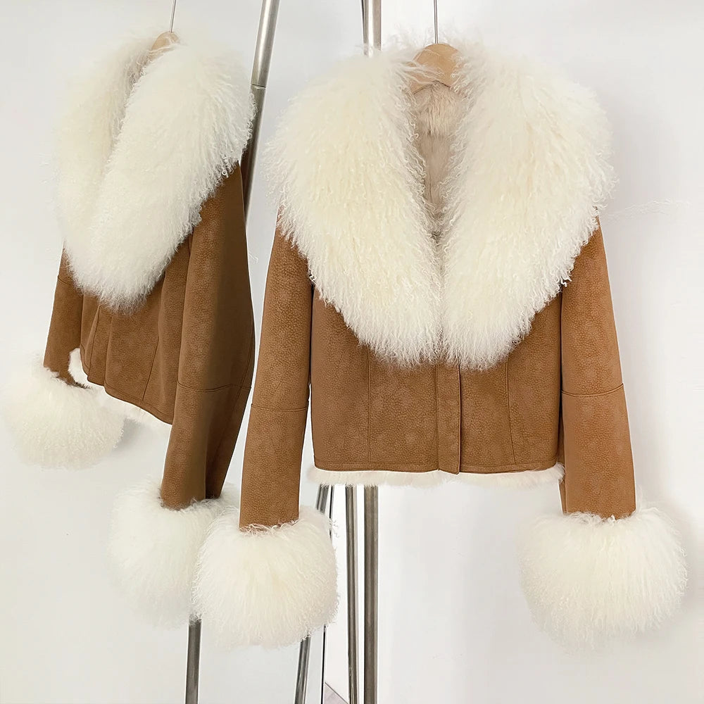 Real Mongolian Sheep Fur Coat 2025 Autumn Winter Suede Women with Long Sleeve New Arrival Winter Rabbit Fur Lining Fur Jacket