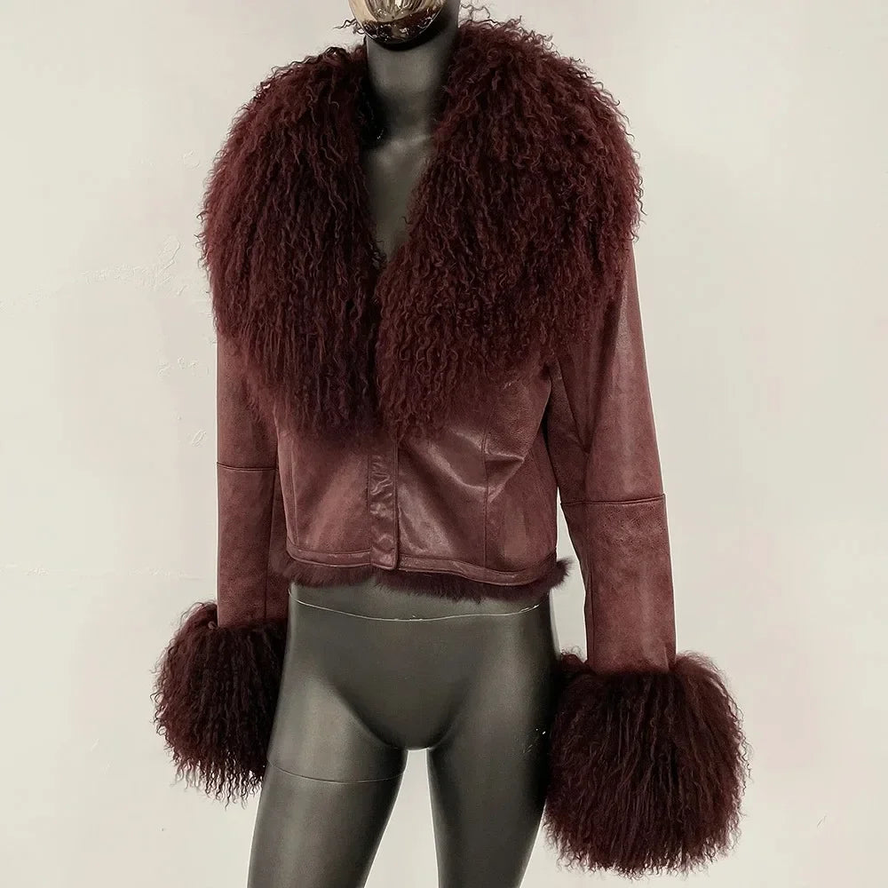Real Mongolian Sheep Fur Coat 2025 Autumn Winter Suede Women with Long Sleeve New Arrival Winter Rabbit Fur Lining Fur Jacket