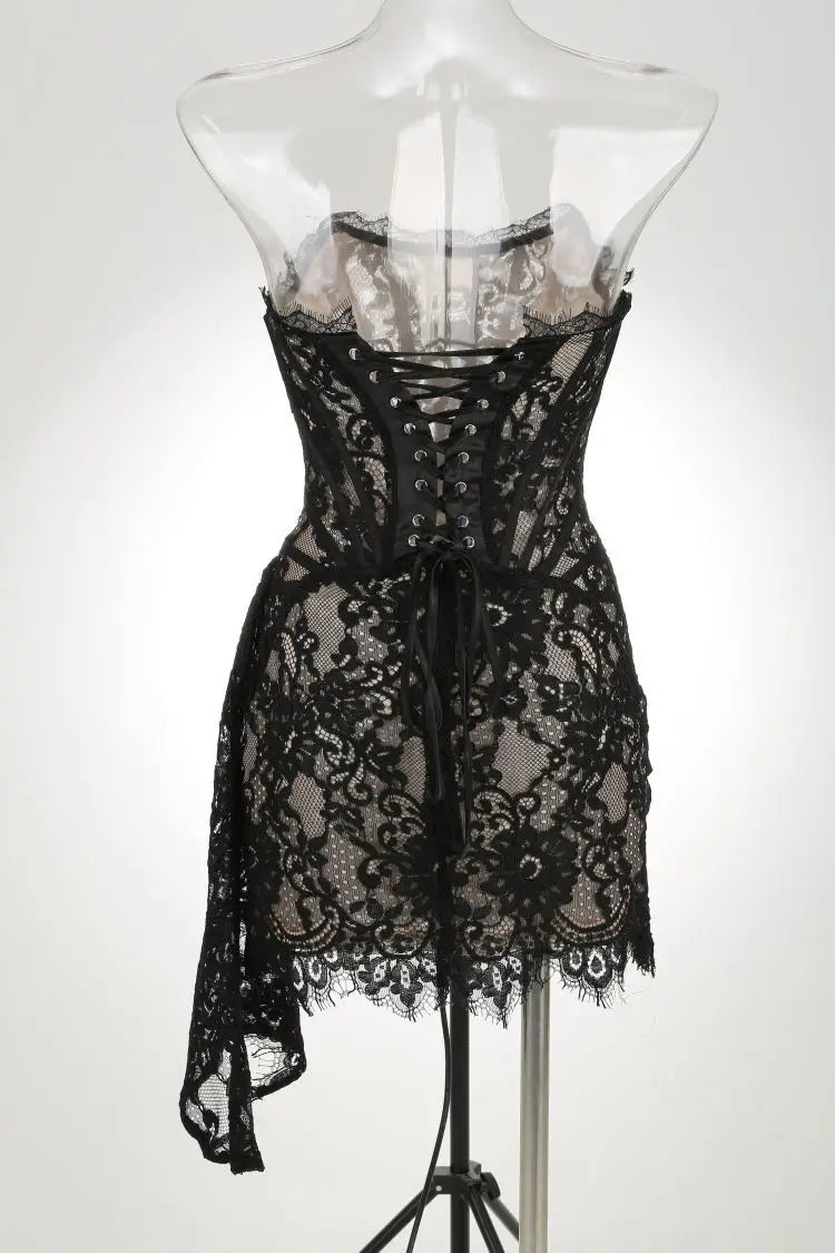 TARUXY Sexy Lace See-through Patchwork Corset Dress Female Bodycon Elegant Party MIrrgualr Mini Dress Women Tube Top Dress New