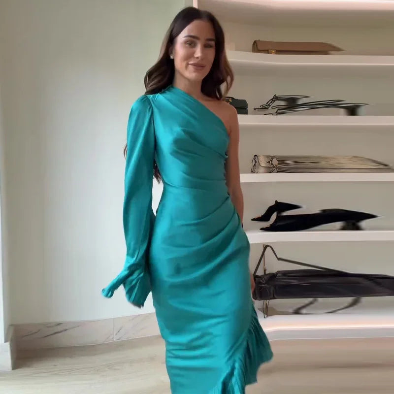 Blue Stain Evening Dresses for Women One Shoulder Long Sleeve Asymmetrical Ruffle Slim Long Dresses 2026 Spring New Party Gown
