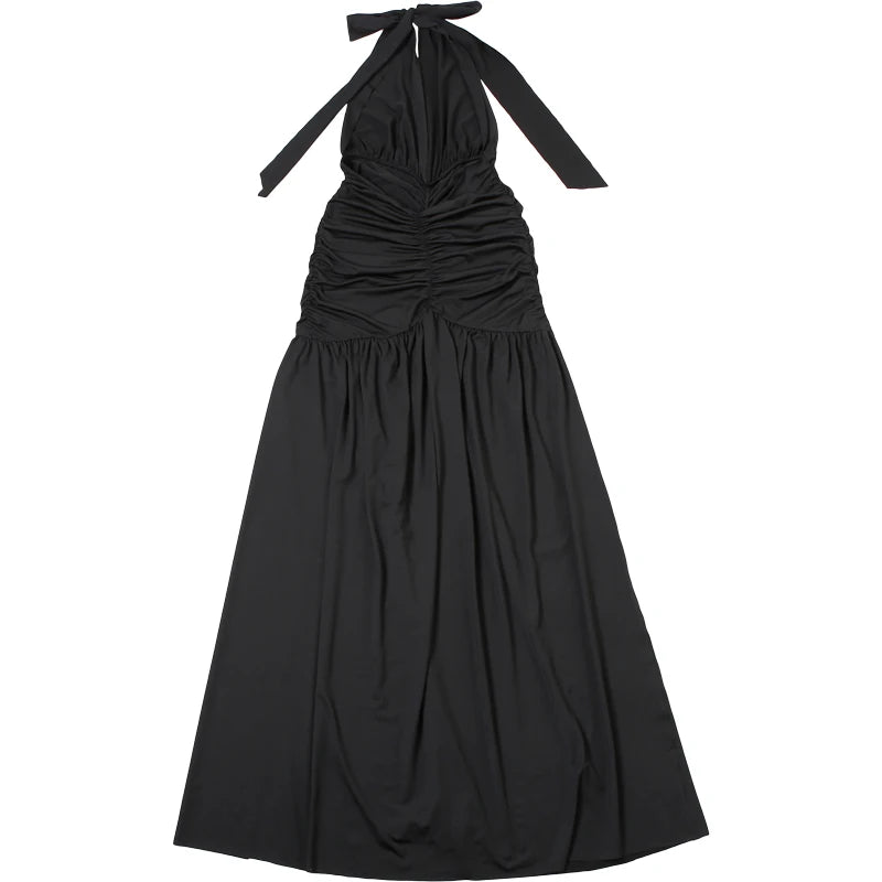 Weird Puss Deep V-Neck Halter Dress Woman Summer  Ruffles Splits Backless Elegant Patchwork Solid Party Coquette Sexy Vestidos