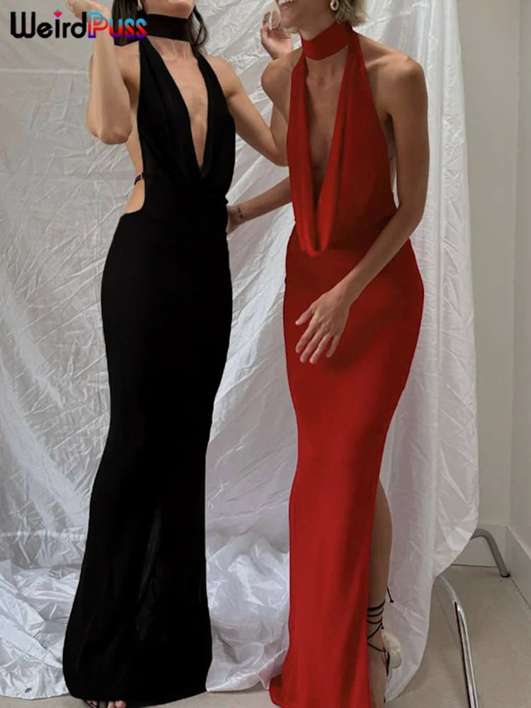 Weird Puss Hollow Halter Dress Women Low-Neck Backless Sexy Sleeveless Slits Robe Trend Midnight Banquet Coquettish Long Bodycon