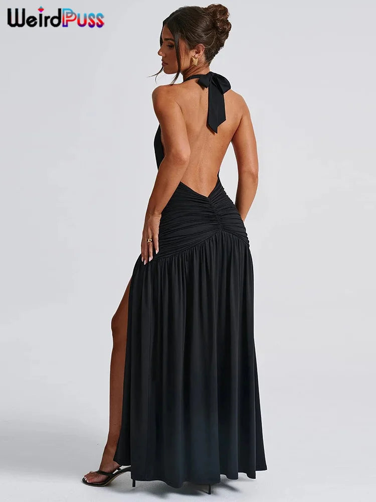 Weird Puss Deep V-Neck Halter Dress Woman Summer  Ruffles Splits Backless Elegant Patchwork Solid Party Coquette Sexy Vestidos