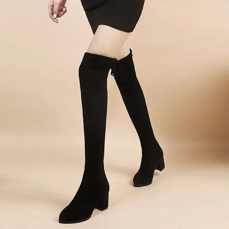 Faux Suede Female Heels Autumn Zipper Elastic Knee-high Boots for Women Tube Lace-up Thigh Gigh Boots Black Botas Mujer