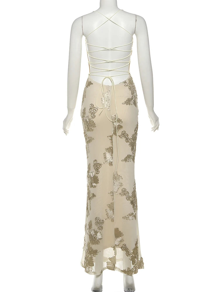 Weird Puss Flower Embroidery Maxi Dress Women Low-Neck Cross Bandage Backless Summer Street New Trend Skinny Elegant Vestidos
