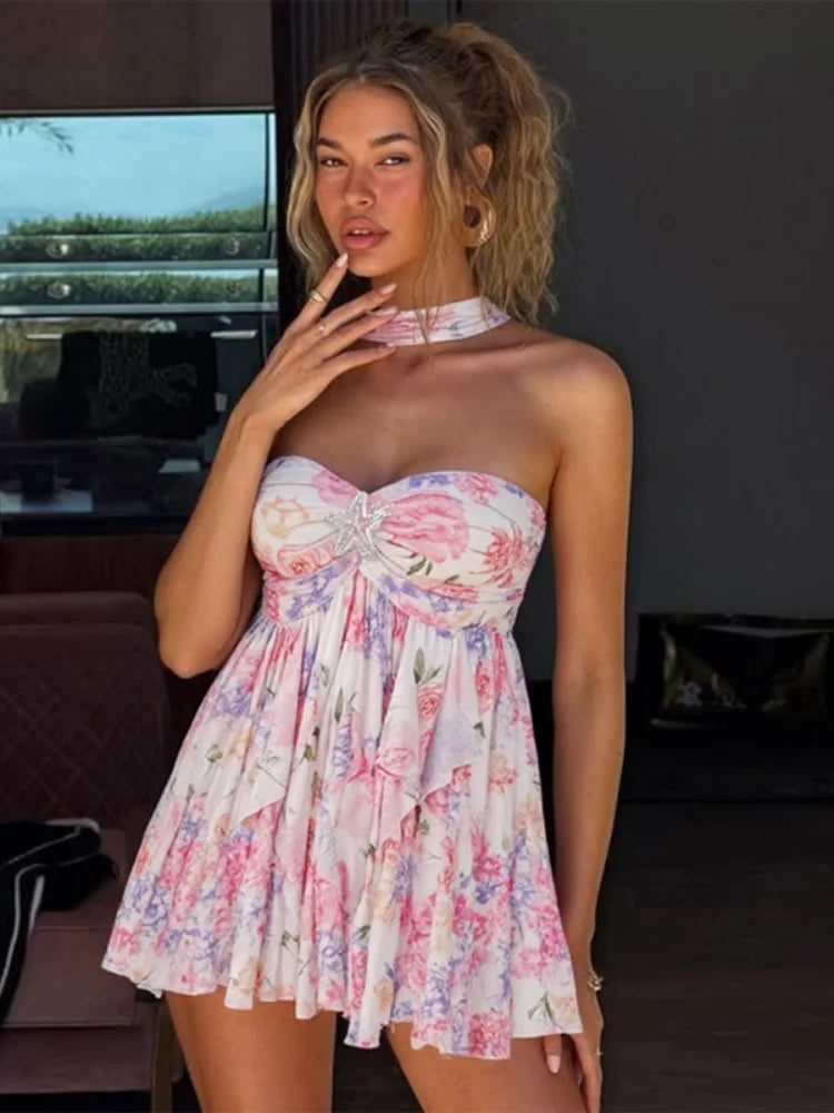 Floral Printd Lace Patchwork Sling Mini Dress Women Elegant Backless Sleeveless A Line Vestidos Chic Lady Holiday Street Wear