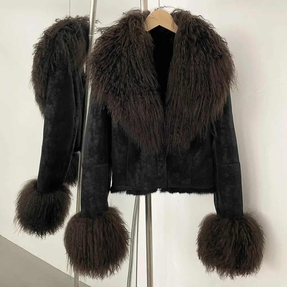 Real Mongolian Sheep Fur Coat 2025 Autumn Winter Suede Women with Long Sleeve New Arrival Winter Rabbit Fur Lining Fur Jacket