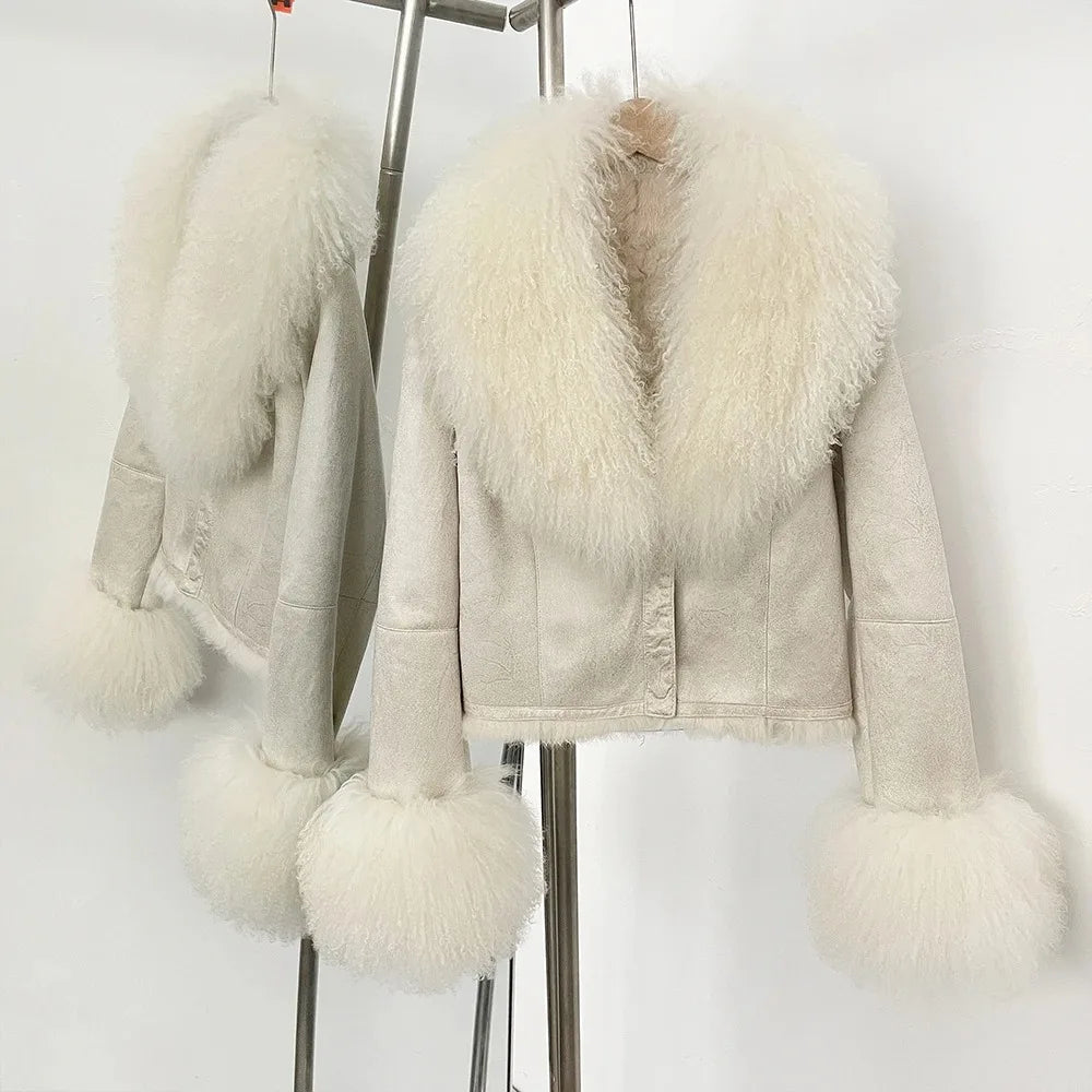 Real Mongolian Sheep Fur Coat 2025 Autumn Winter Suede Women with Long Sleeve New Arrival Winter Rabbit Fur Lining Fur Jacket