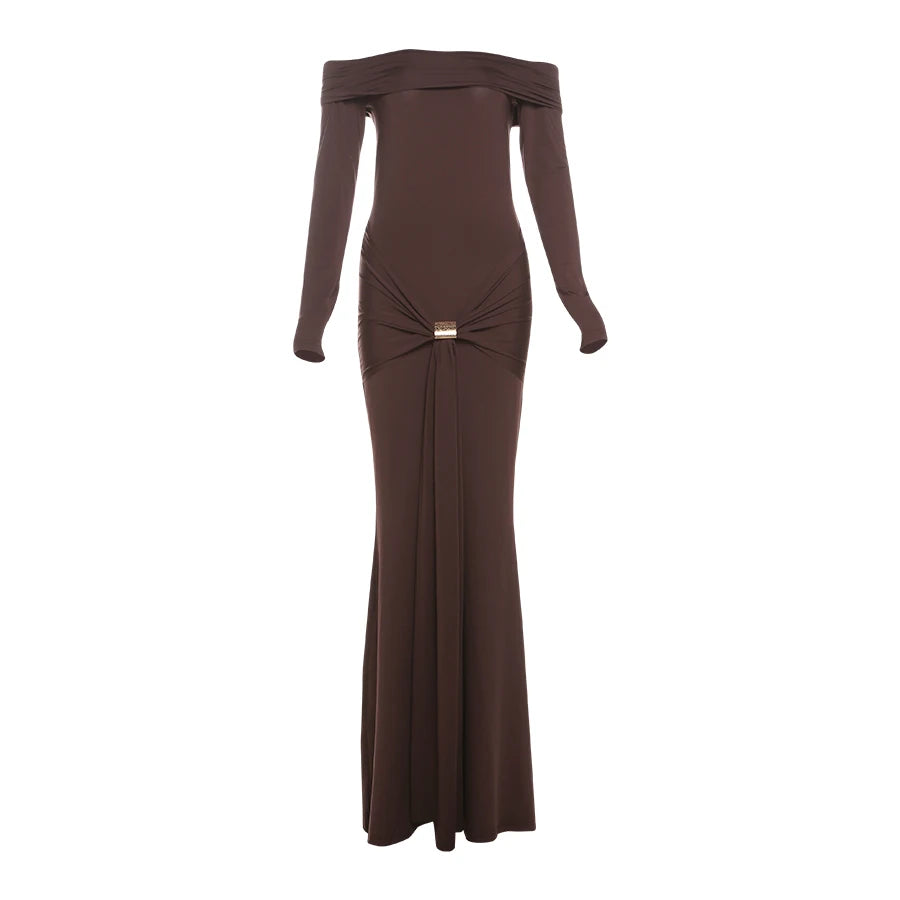 Weird Puss Elegant Party Dress Ruched Metal Buckle Ribbon Slash Neck Full Sleeve Skinny Stretch Birthday Party Slim Long Bodycon